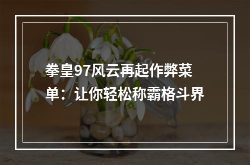 拳皇97风云再起作弊菜单：让你轻松称霸格斗界