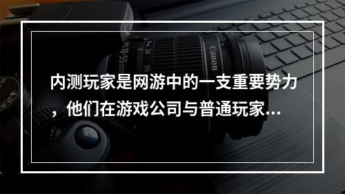 内测玩家是网游中的一支重要势力，他们在游戏公司与普通玩家之间扮演着桥梁的角色。内测玩家的贡献是无可替