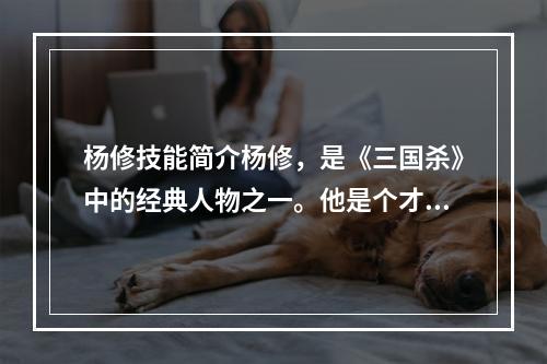 杨修技能简介杨修，是《三国杀》中的经典人物之一。他是个才华出众、却又性格古怪的人物，人称“玉面公子”。在游戏中，杨修的技能非常特殊，擅长内外相兼，无论是攻击还是