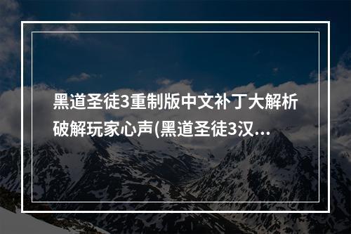 黑道圣徒3重制版中文补丁大解析破解玩家心声(黑道圣徒3汉化补丁测评为游戏注入“中式”元素)